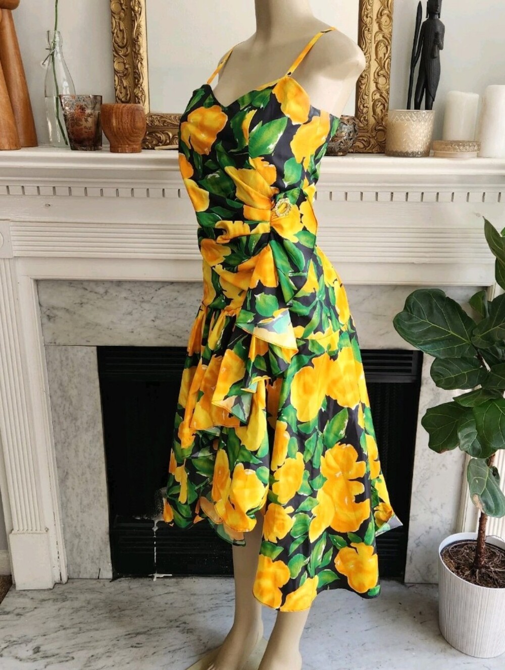 Vintage 90s Yellow Floral Dress Set Size 8 Taffeta Ruffle Bolero Resort Vacation - Picture 4 of 14